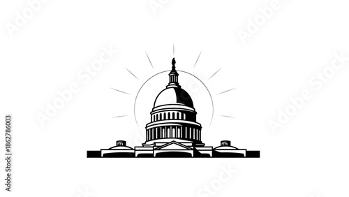A stark, black and white illustration of a domed building with a sunburst effect behind it. Its style is minimalist