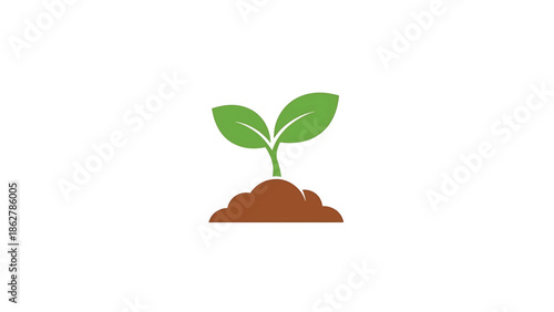 A sprout with two green leaves emerging from a mound of brown soil against a clean, white background, conveying growth