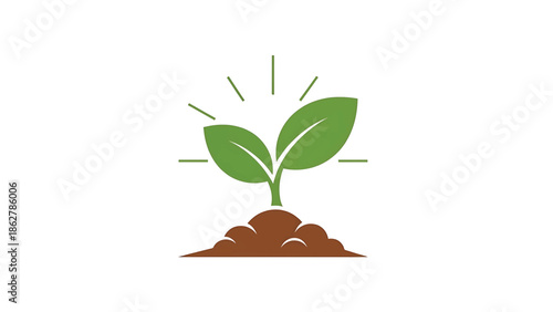 A sprout with two leaves emerging from soil, with emanating lines above. A simple depiction of new growth