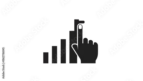 A stark black and white illustration shows a hand interacting with a set of bars, representing increasing levels or progress