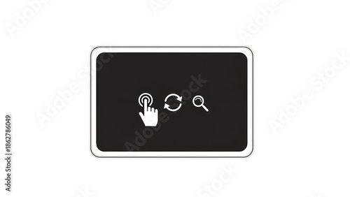 A square black screen features three white icons a hand touching a circle, a looping arrow, and a magnifying glass. All are aligned horizontally
