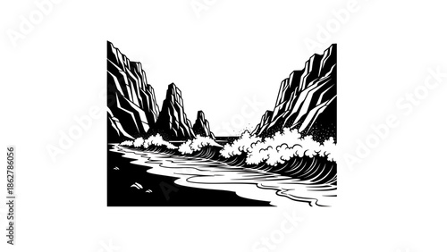 A stark black and white illustration portrays towering cliffs flanking a turbulent ocean beach, waves crashing
