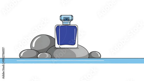 A square glass bottle with a blue liquid sits on gray stones above blue water. A light blue cap tops the bottle. Simple vector illustration