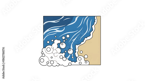 A square illustration of an ocean scene with waves crashing on a sandy beach. Bubbles and foam are present near the shore