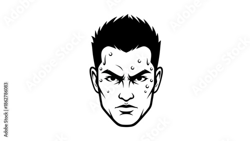 A stark black-and-white illustration of a male face conveying anger and determination, showcasing defined features and a bold style