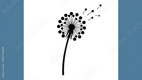 A stark black dandelion silhouette, with seeds dispersing. The flower sits against a plain white field with blue-grey textured side bars