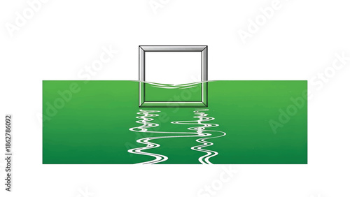 A square silver frame is partially submerged in green water, creating a reflection of wavy lines. The background is white