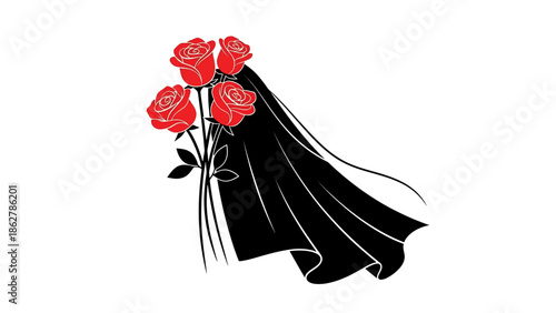 A stark illustration featuring a bouquet of red roses emerging from beneath a flowing black veil. The design is simple, elegant, with strong contrast