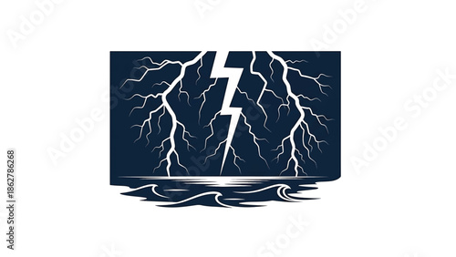 A striking graphic depicts a thunderbolt splitting through a stormy sky above the ocean waves. The art style is minimalist with strong contrast