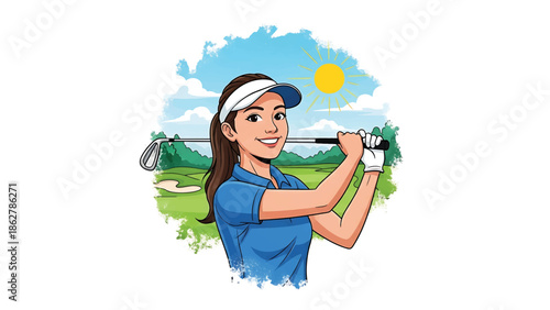 A smiling woman wearing a visor is swinging a golf club in a cartoonish illustration, surrounded by sky, clouds, and a course