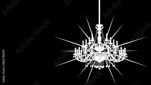 A striking vector illustration showcases a classical chandelier in white against a contrasting black background. Detailed design