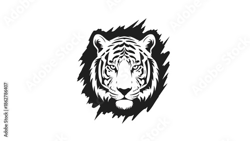 A stark, minimalist illustration of a tiger's head centered. The face features detailed stripes and a bold outline on a black background