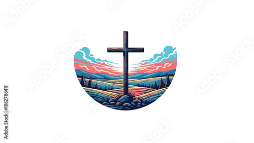 A stylized cross stands on a hill with a colorful landscape background of hills, trees, and clouds, all enclosed in a semicircle