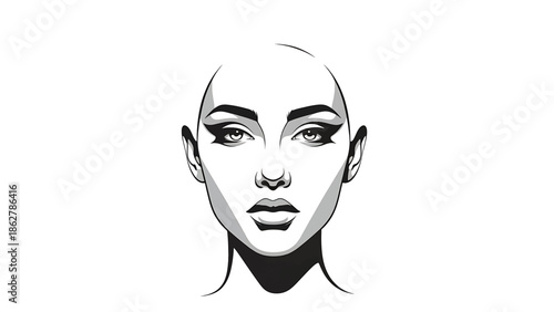 A stark, minimalist illustration of a woman's face, showcasing sharp lines and contrasting shades of gray against a white backdrop
