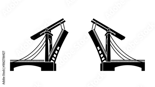 A stark, minimalist illustration of an open drawbridge in black and white, offering passage. Each side raises towards the sky
