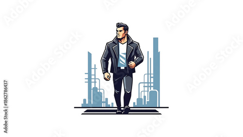 A stylish man in a leather jacket walks confidently, crossing a street. Abstract industrial structures serve as a backdrop, creating a cool, urban vibe