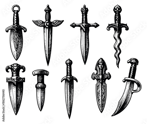 Hand drawn vintage dagger and knife set featuring various ornate designs for historical and fantasy themes