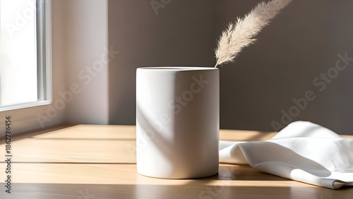 Wallpaper Mural Minimalist White Vase with Dried Flower on Wooden Table. Torontodigital.ca