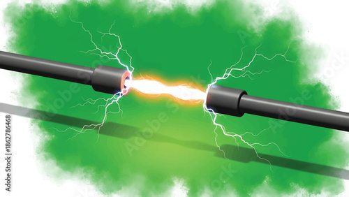 A stylized depiction of a spark jumping between two cylindrical objects. Electric arcs emanate, creating a vivid, dynamic representation. Green background