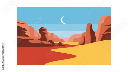 A stylized desert landscape depicts canyon walls in shades of red and brown. The foreground reveals a golden sand dune, and the sky holds a crescent moon