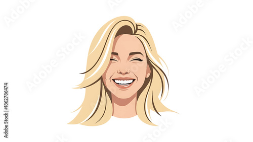 A smiling woman with blonde hair, depicted in a digital style, with closed eyes and a broad, joyful grin. The background is white