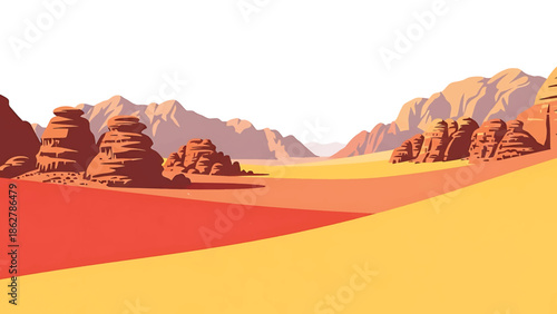 A stylized desert landscape depicts mesas, mountains, and rolling dunes in warm, earthy tones. The simplistic illustration uses flat design