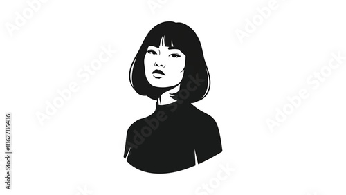 A stark, minimalist portrait showcases a woman with a bob, in silhouette. Her gaze is focused, the style clean and modern, in black and white