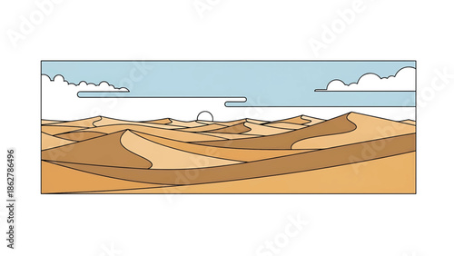 A stylized desert landscape illustration featuring rolling sand dunes under a blue sky with stylized clouds and a sun. Outlined design