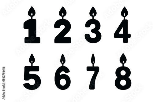 Birthday Candle Icons. Birthday numeric set. Filled icon set of Birthday numeric set: blocky number candle,