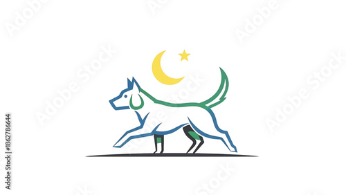 A stylized dog silhouette, outlined in blue and green, is depicted in motion. A yellow crescent moon and star appear above it