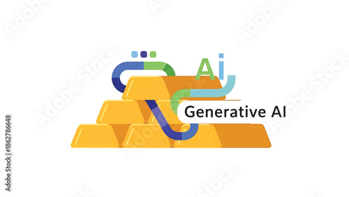 A stack of gold bars is accompanied by text "Generative AI" with colorful graphics and the letters "Ai" above the bars. It implies AI and wealth
