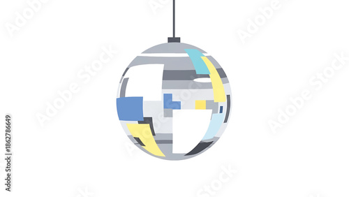 A stylized disco ball illustration, with a metallic surface segmented into geometric shapes, hanging from a thin gray rod, on a white background