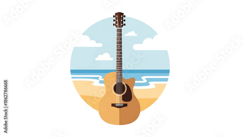 A stylized acoustic instrument with a detailed fretboard stands on a beach with gentle waves and fluffy clouds, evoking a summer vibe