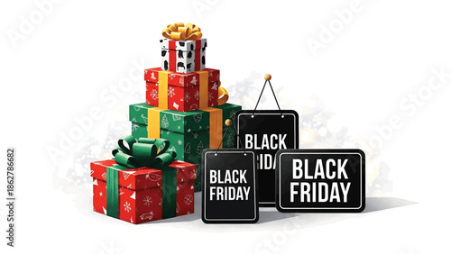 A stack of gift boxes with decorative designs, adorned with bows, next to signs with sales-related text. A festive and holiday-themed image
