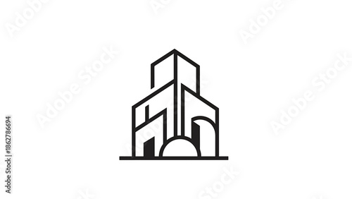 A stylized architectural illustration featuring a trio of buildings. Bold, black lines define the structures, incorporating a semi-circle element