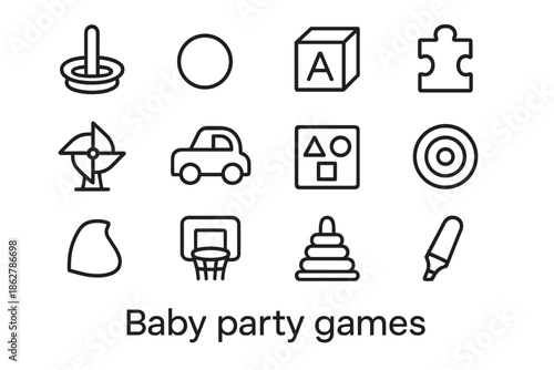 Baby Party Icon Set. Baby party games. Line outline icon set of Baby party games: ring toss ring, tiny ball,