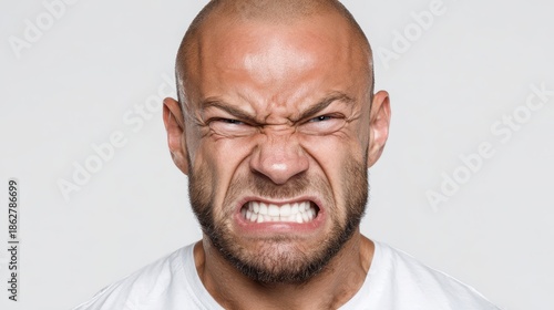 Studio portrait of a man with clenched teeth and toothache expression against a white backdrop