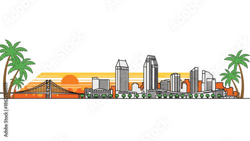 A stylized cityscape illustration featuring a bridge, buildings, and palm trees, set against a sunset backdrop. A simple, flat design