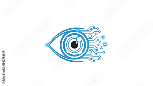 A stylized eye graphic, its iris and pupil at the center, surrounded by circuit board lines with geometric shapes