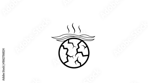 A stylized black and white illustration depicts a cracked globe with emanating heat waves, representing climate change
