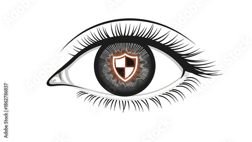 A stylized eye illustration featuring a shield within the iris. Eyelashes and details highlight the design on a white background