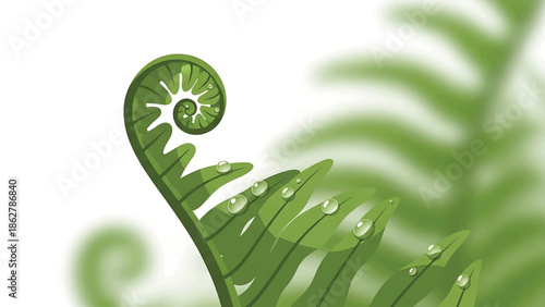A stylized fern frond unfurls, adorned with water droplets. The vibrant green leaf emerges against a soft blurred background