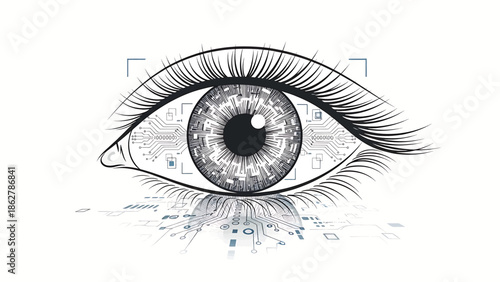 A stylized eye illustration featuring intricate circuit board patterns integrated within the iris and around the eye, with a digital aesthetic
