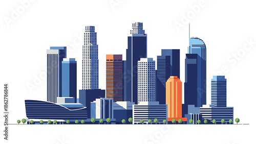 A stylized cityscape illustration featuring a diverse collection of modern skyscrapers of various heights, colors, and textures. Small green trees dot the foreground