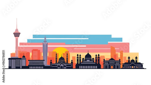 A stylized cityscape illustration featuring a prominent tower, buildings, mosques, and a setting sun backdrop. A colorful, flat design with a textured aesthetic