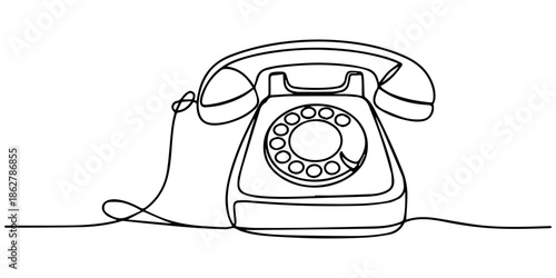 One line drawing sketch of a vintage rotary telephone vector art illustration, Telephone one continuous line drawing. Continuous minimalism drawing telephone. Retro phone vector illustration white pro