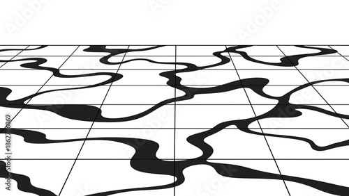 A stark perspective rendering of a tiled surface in grayscale, featuring abstract flowing shapes in black contrasted against a white background