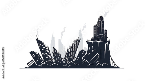 A stark silhouette depicts a destroyed cityscape. Buildings are crumbling, some tilted, smoke rises, and a last bastion is on a cliff