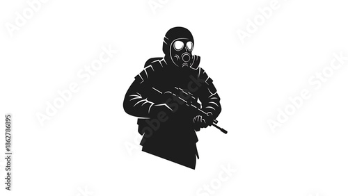 A stark silhouette depicts a person in protective gear, wearing a helmet and a gas mask, holding a rifle, centered against a white background
