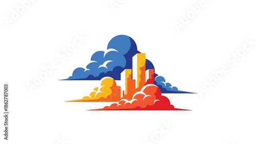 A stylized cityscape illustration shows buildings rising between colorful cloud formations against a white background. The image has a textured, graphic style